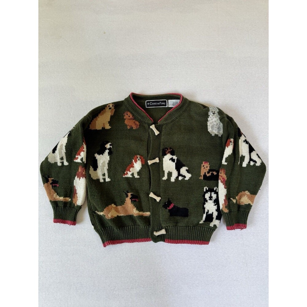 Christine Foley Childrens Dog Sweater Cardigan Bone Buttons 5/6 Green Multi